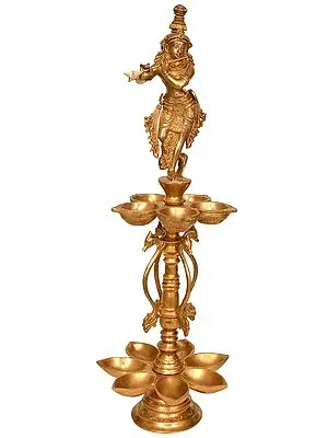 21" Twelve Wick Lord Krishna Lamp in Brass | Handmade | Made in India