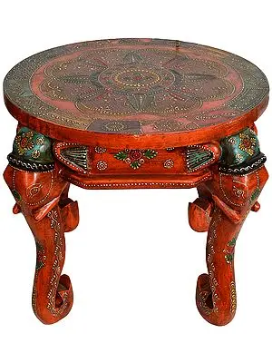 Colorfully Decorated Wooden Table with Elephant Head Legs