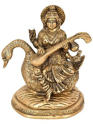 6" Brass Goddess Saraswati Idol Seated on Swan | Handmade | Made In India