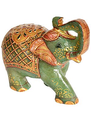 Elephant with Upraised Trunk (Supremely Auspicious According to Vastu) - Carved in Jade Gemstone
