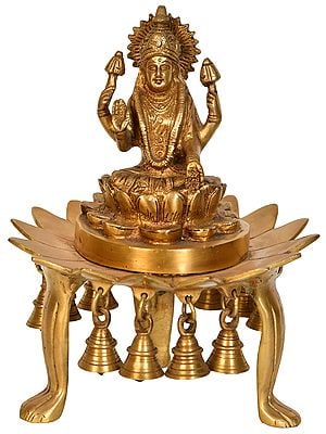 10" Devi Lakshmi Seated on Lotus with Bells In Brass | Handmade | Made In India