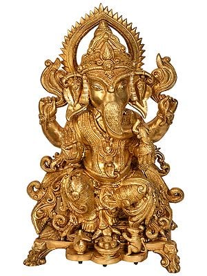 22" Worship of Lord Ganesha with Laddoos and Coconut In Brass | Handmade | Made In India