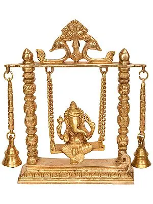 10" Lord Ganesha on a Swing with Hanging Bells in Brass | Handmade | Made in India