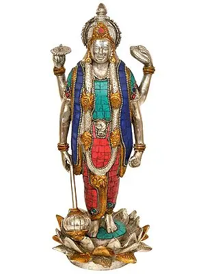 12" Four Armed Vishnu Standing on Lotus In Brass | Handmade | Made In India