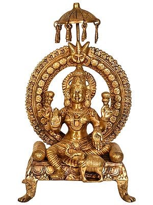 17" Goddess Lakshmi Seated on Throne with Elephant In Brass | Handmade | Made In India