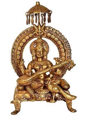 17" Goddess Saraswati  Seated on Throne with Peacock In Brass | Handmade | Made In India