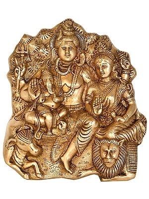 9" Shiva Family with Nandi and Lion (Wall Hanging Flat Statue) In Brass | Handmade | Made In India