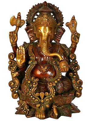 11" Lord Ganesha Seated On a Lotus In Brass | Handmade | Made In India
