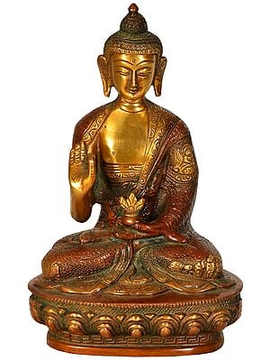 8" Buddhist Deity Preaching Buddha with Carved Robe | Handmade Brass Idol | Made in India