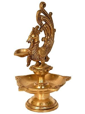 10" Auspicious Peacock Lamp in Brass | Handmade | Made in India