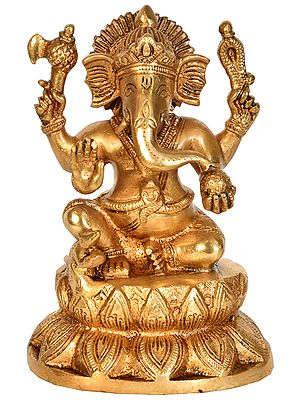 6" Bhagawan Ganesha Seated on Lotus In Brass | Handmade | Made In India