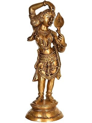 19" A Young Lady Applying Vermilion (A Sculpture Inspired by Khajuraho) In Brass | Handmade | Made In India