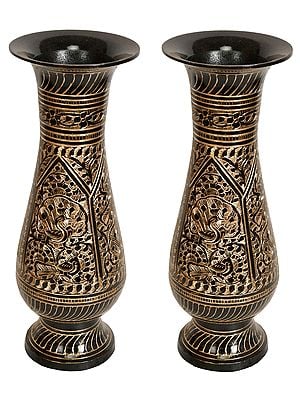 Pair of Engraved Peacock Flower Vase