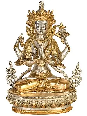 8" Tibetan Buddhist Deity: Chenrezig (Shadakshari Lokeshvara) In Brass | Handmade | Made In India