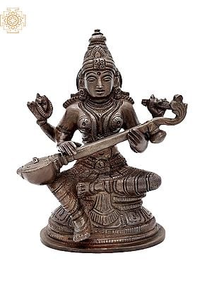 5" Goddess Saraswati Brass Statue | Handmade | Made in India