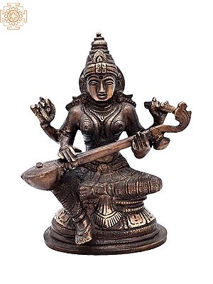 5" Goddess Saraswati Brass Statue | Handmade | Made in India
