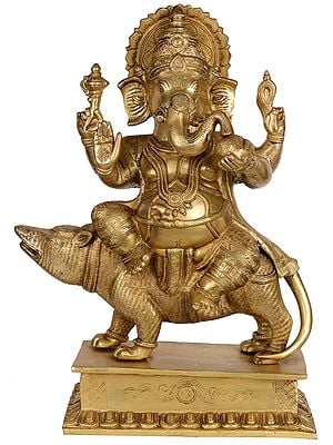 18" Lord Ganesha Seated on a Rat In Brass | Handmade | Made In India