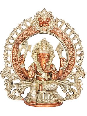 8" Seated Ganesha, Within A Kirtimukha Prabhavali in Brass | Handmade | Made in India