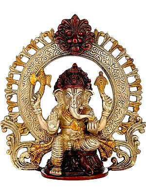 8" Seated Ganesha, Within A Kirtimukha Prabhavali in Brass | Handmade | Made in India