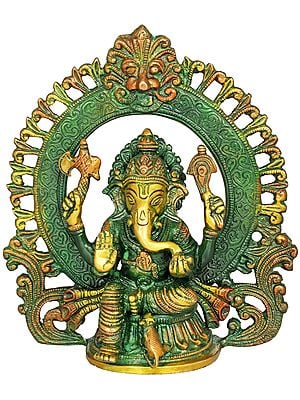 8" Seated Ganesha, Within A Kirtimukha Prabhavali In Brass | Handmade | Made In India