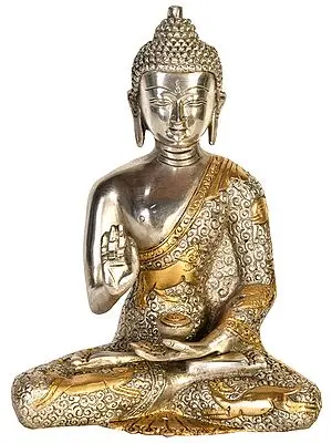 8" Tibetan Buddhist Deity Blessing Buddha with Carved Robe in Brass | Handmade | Made In India