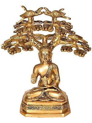 11" Lord Buddha Preaching Under The Boddhi Tree (Tibetan Buddhist) In Brass | Handmade | Made In India