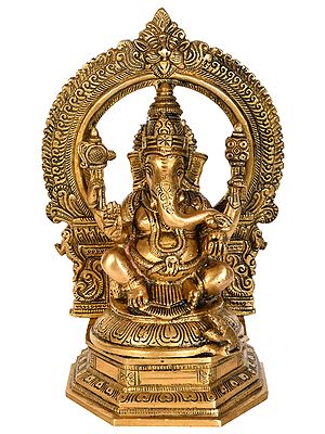 9" Lord Ganesha with Aureole and Kirtimukha In Brass | Handmade | Made In India
