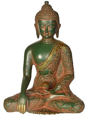 8" Brass Lord Buddha Idol in Earth Touching Gesture Wearing a Carved Robe