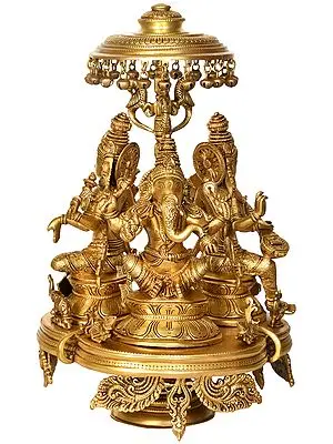 16" Lakshmi, Ganesha and Saraswati Seated on Moving Chowki with Parasol In Brass | Handmade | Made In India