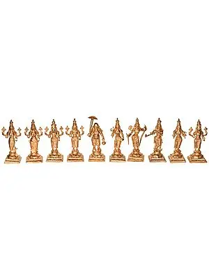 6" Dashavatara : Ten Incarnations of Lord Vishnu (From Left - Matshya, Kurma, Varaha, Narasimha, Vaman, Parashurama, Rama, Krishna, Balarama and Kalki) | Handmade | Madhuchista Vidhana (Lost-Wax) | Panchaloha Bronze from Swamimalai