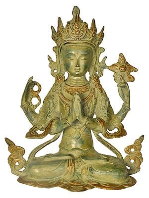 10" Tibetan Buddhist Deity Chenrezig  (Four-Armed Avalokiteshvara) In Brass | Handmade | Made In India