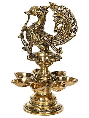 11" Seven Wick Peacock Lamp in Brass | Handmade | Made in India