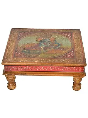 Ritual Chowki Decorated with Lord Krishna Caressing a Peacock