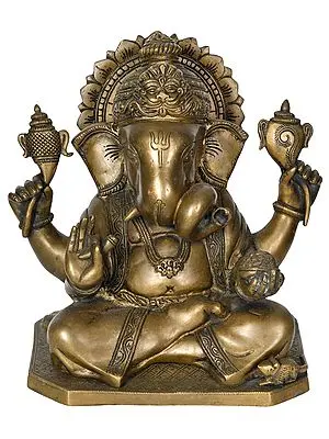 9" Ganesha Wearing A Kirtimukha Crown | Handmade Brass Statue