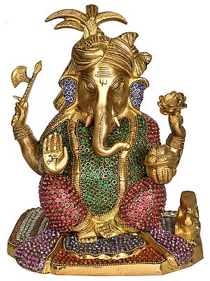 9" Decorated Turbaned Ganesha In Brass | Handmade | Made In India