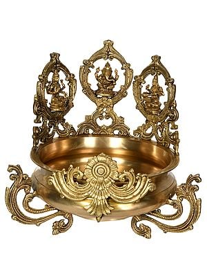 15" Urli with Lakshmi, Ganesha, and Saraswati in Brass | Handmade | Made in India