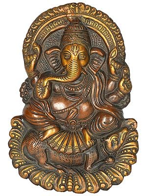 9" Ganesha Seated on Rat Wall Hanging (Flat Statue) In Brass | Handmade | Made In India