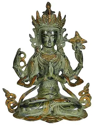 10" Chenrezig - Four Armed Avalokiteshvara (Tibetan Buddhist Deity) In Brass | Handmade | Made In India