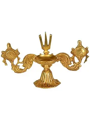12" Wick Lamp on Stand with Vaishnava Symbols in Brass | Handmade | Made in India