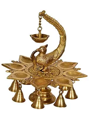10" Peacock Wick Lamp with Bells in Brass | Handmade | Made in India