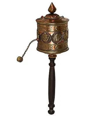 Large Size Tibetan Buddhist Ashtamangala Hand Held Prayer Wheel