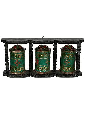(Made in Nepal) Three Prayer Wheels in One Stand