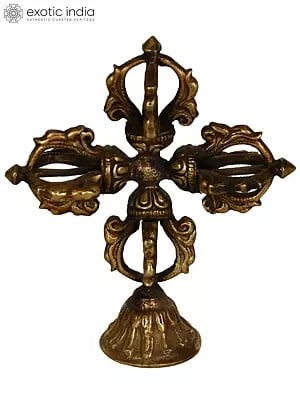 4" Made in Nepal Tibetan Buddhist Double Dorje on Stand In Brass | Handmade | Made In India