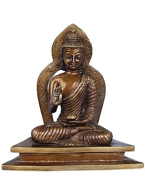 7" Tibetan Buddhist Seated Buddha, Aureole Matching His Silhouette In Brass | Handmade | Made In India