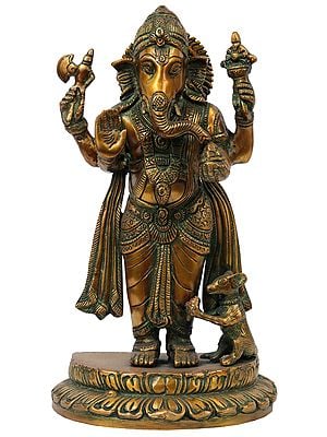 12" Ganesha Standing Erect In Brass | Handmade | Made In India