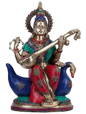 28" Goddess Saraswati Seated On a Swan (Large Size) In Brass | Handmade | Made In India