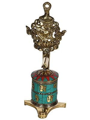 7" Tibetan Buddhist Prayer Wheel with Victory Banner (Ashtamangala) in Brass | Handmade