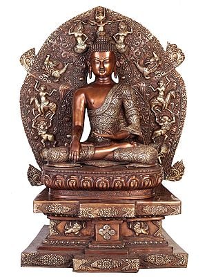34" Large Size - Lord Buddha Seated on Six-Ornament throne of Enlightenment (Tibetan Buddhist) In Brass | Handmade | Made In India
