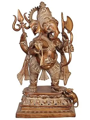 30" Large Size Yuddha-Ganapati: Ganesha in Warrior Form In Brass | Handmade | Made In India
