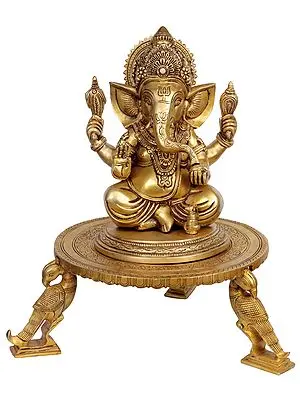 15" Lord Ganesha Seated on Parrot Chowki In Brass | Handmade | Made In India